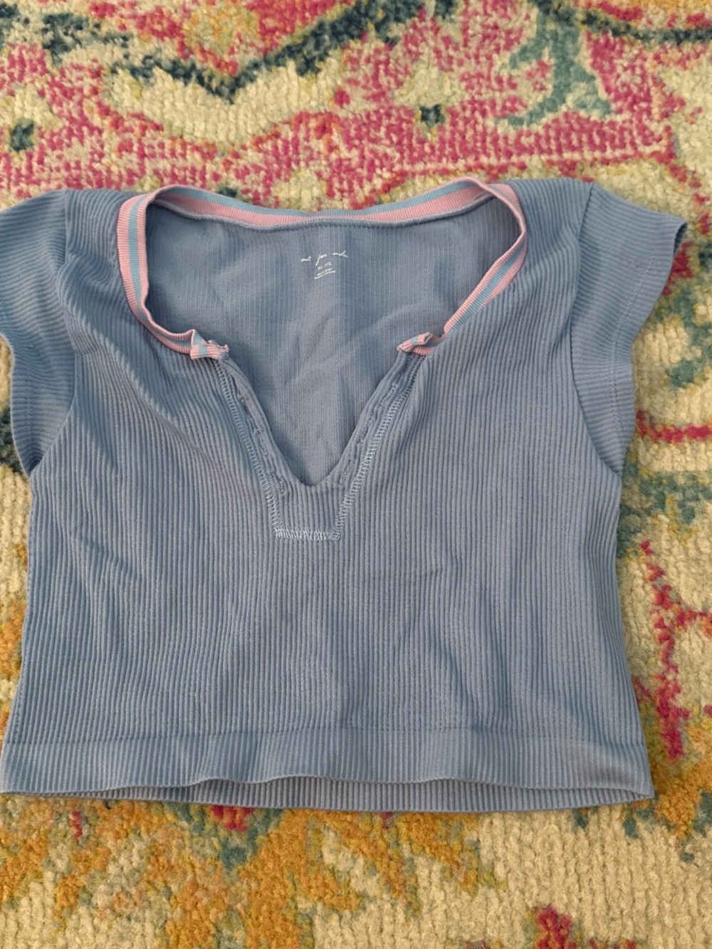 Urban Outfitters Light Blue Ribbed Crop Top with Pink Trim